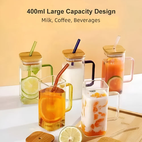 Square Glass Cup With Lid & Straw 400ML