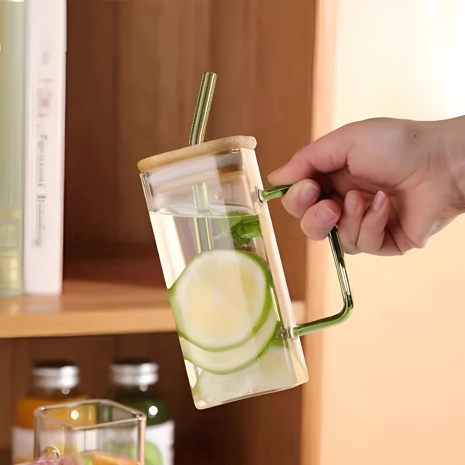 Square Glass Cup With Lid & Straw 400ML