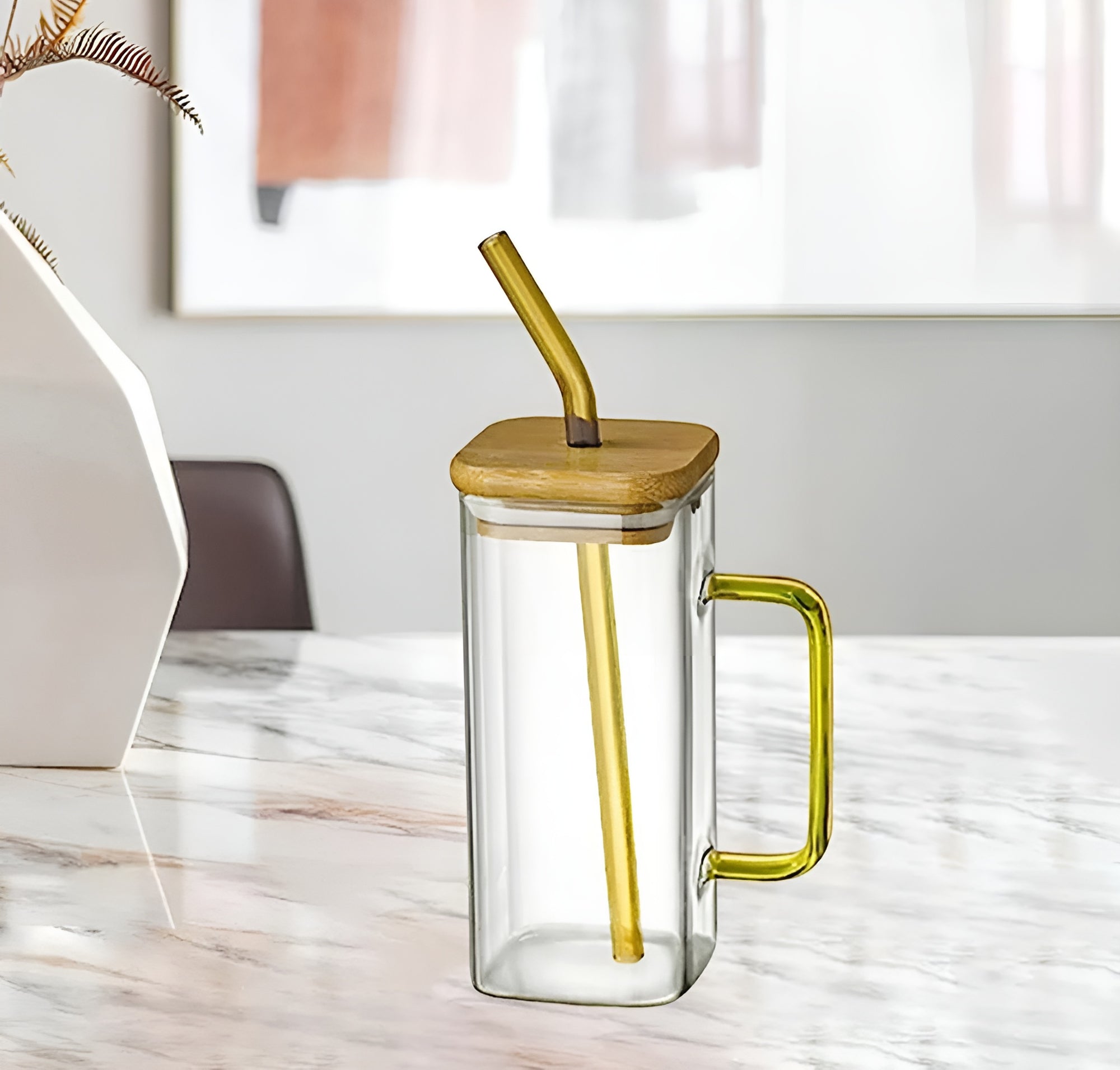 Square Glass Cup With Lid & Straw 400ML