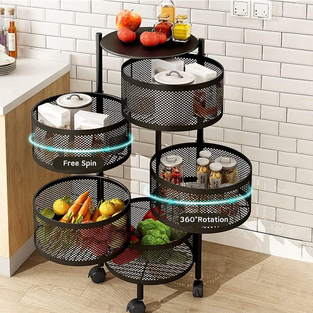Urbn Mart - Round Rotating Kitchen Rack with Wheels Iron Rack