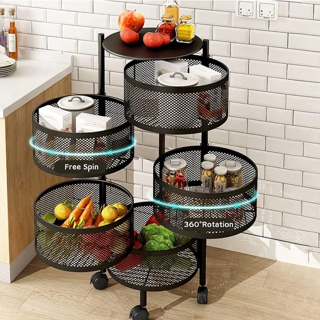 Urbn Mart - Round Rotating Kitchen Rack with Wheels Iron Rack