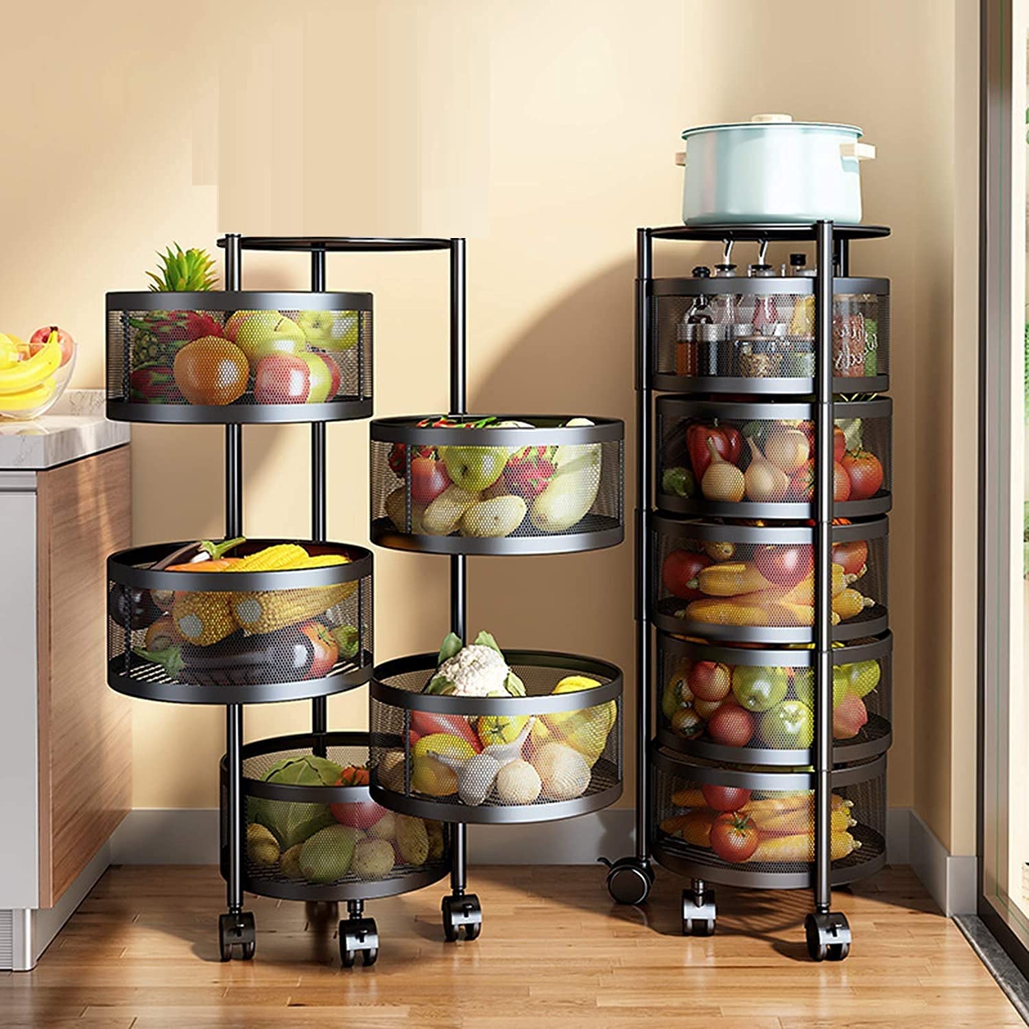 Urbn Mart - Round Rotating Kitchen Rack with Wheels Iron Rack