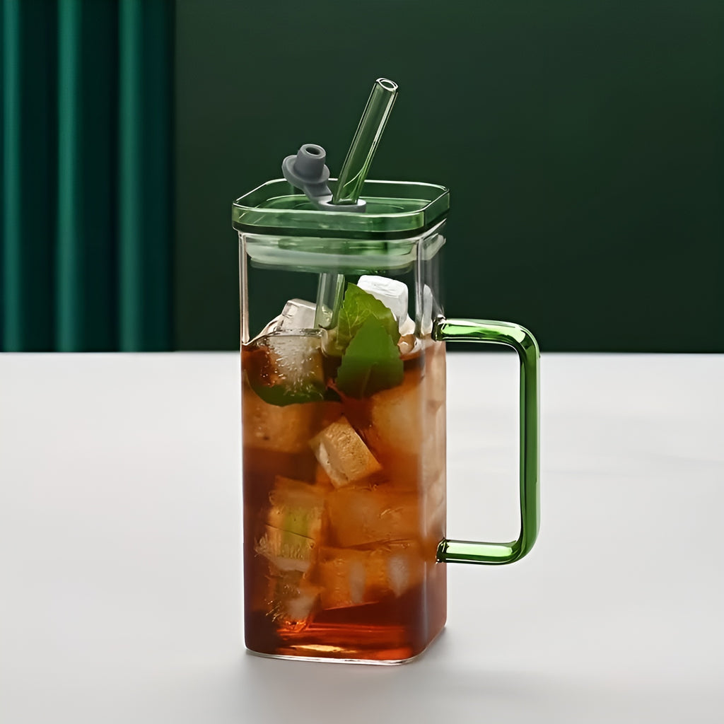Square Glass Cup With Lid & Straw 400ML
