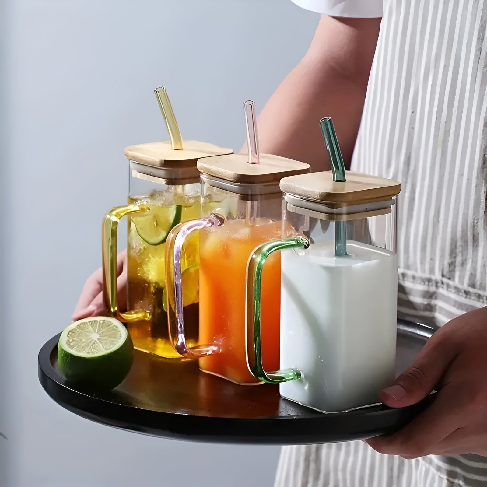 Square Glass Cup With Lid & Straw 400ML