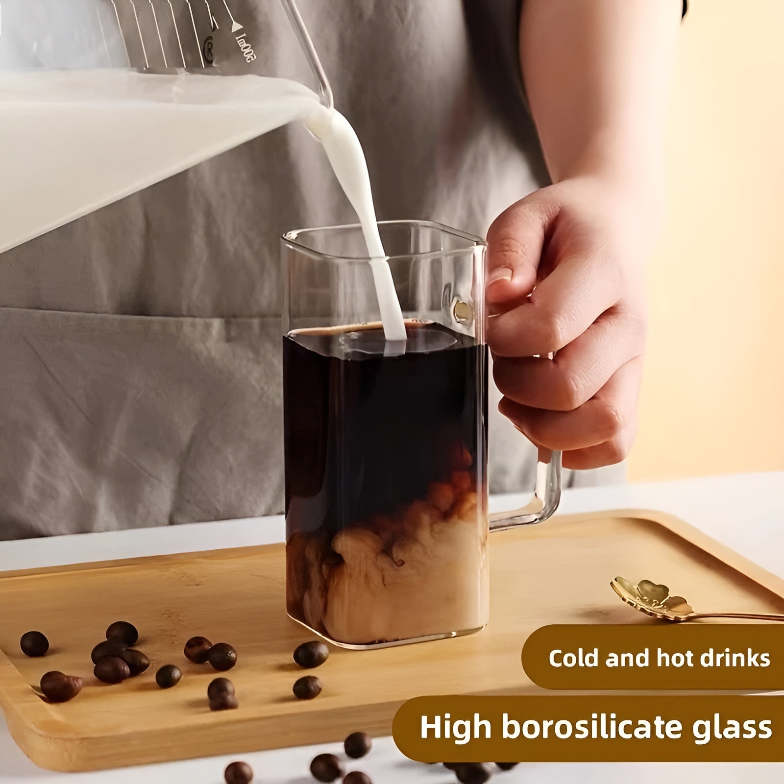 Square Glass Cup With Lid & Straw 400ML